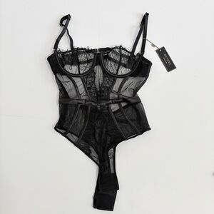 MESHKI Black Sheer Lace Bodysuit SMALL-UK 8